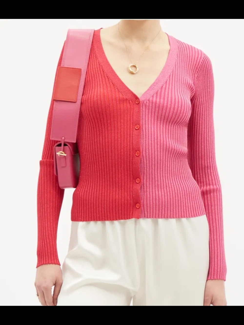Mango Two-Tone Pink & Coral V-Neck Ribbed Cardigan